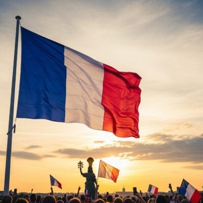 日没時に、小さなフランス国旗を掲げる群衆の上に大きなフランス国旗がはためいており、背景にはエッフェル塔が見える。.