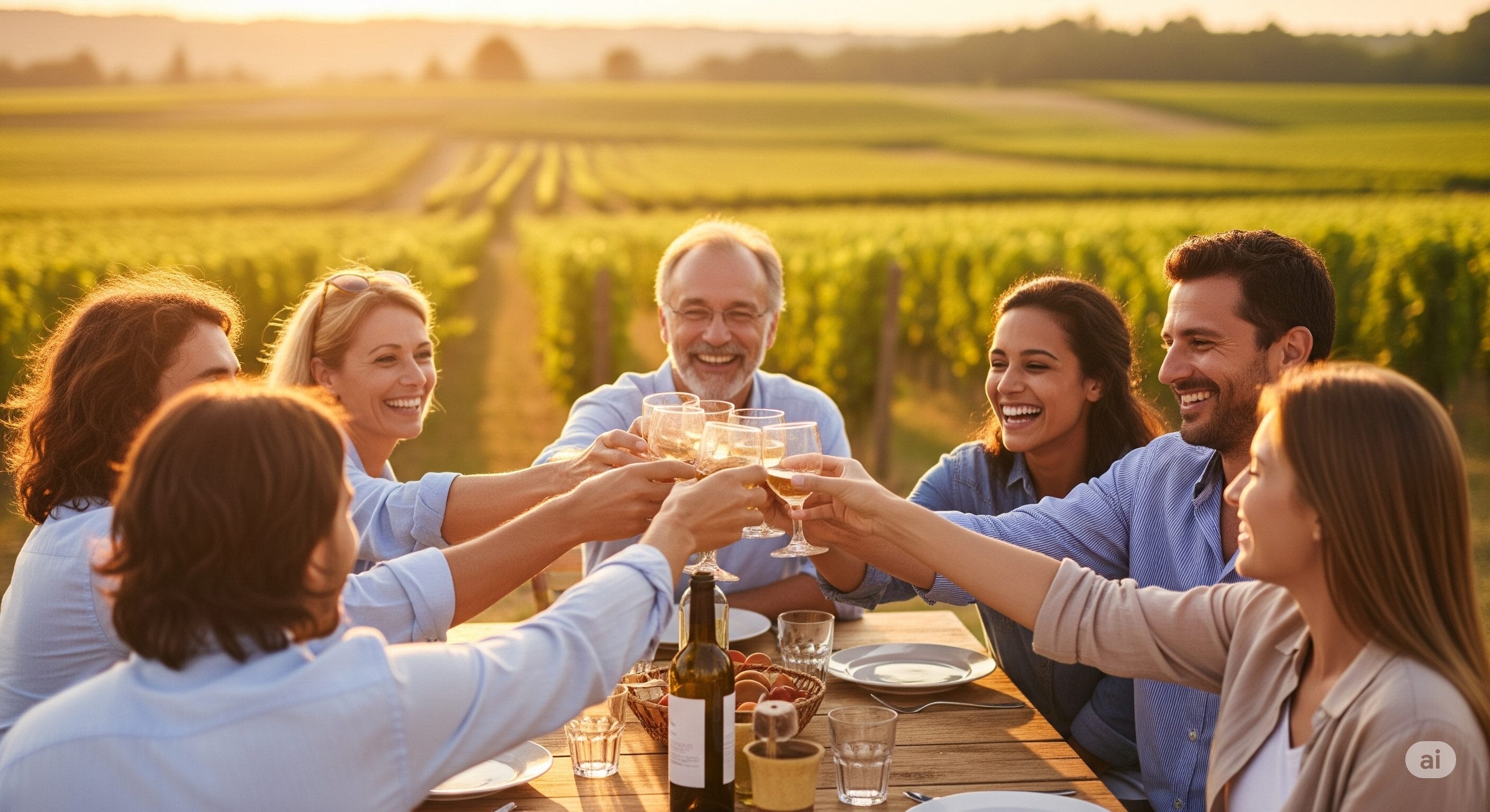 ブドウ園の屋外テーブルに人々が座り、グラスを上げて乾杯している。その光景は太陽の光に照らされている。.
