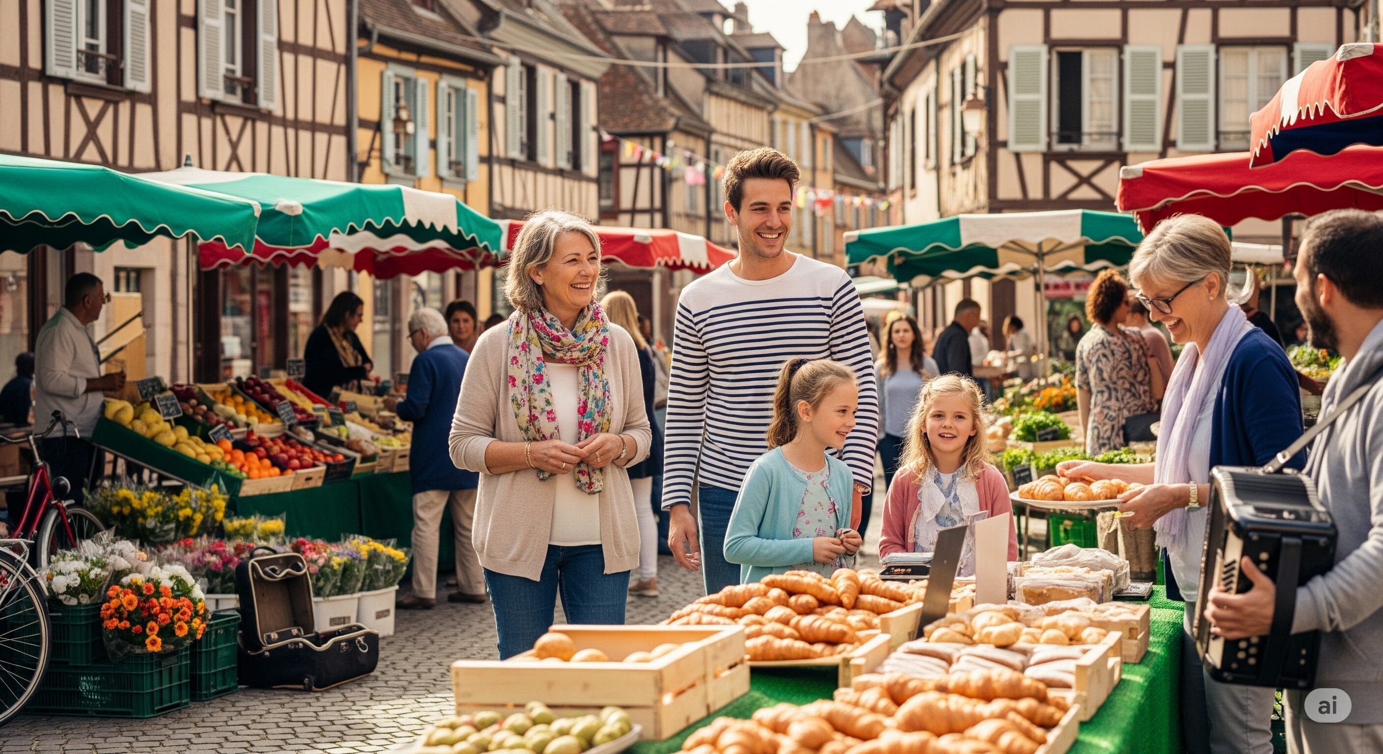 色とりどりの屋台と伝統的なヨーロッパ風の建物が並ぶ屋外マーケットで、家族が新鮮な農産物を買い物します。.