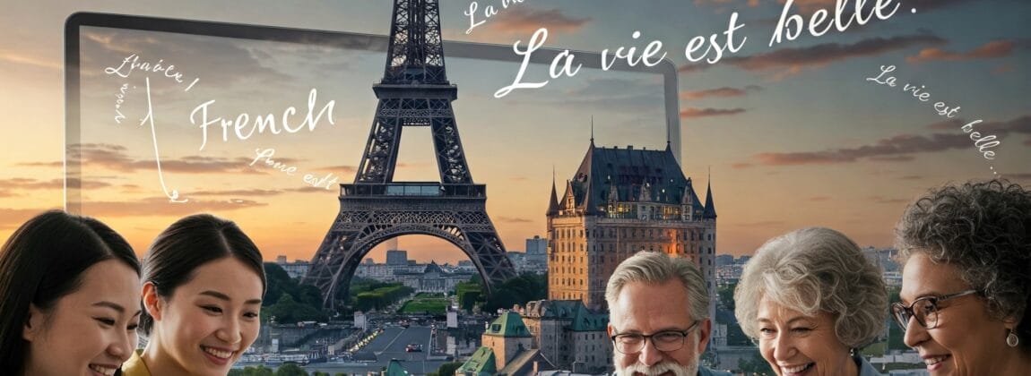 年齢の異なる 5 人がノートパソコンを使って一緒に座っており、背景にはエッフェル塔とフランス語のフレーズがデジタルで重ね合わされており、フランス語学習セッションの様子が伺えます。.