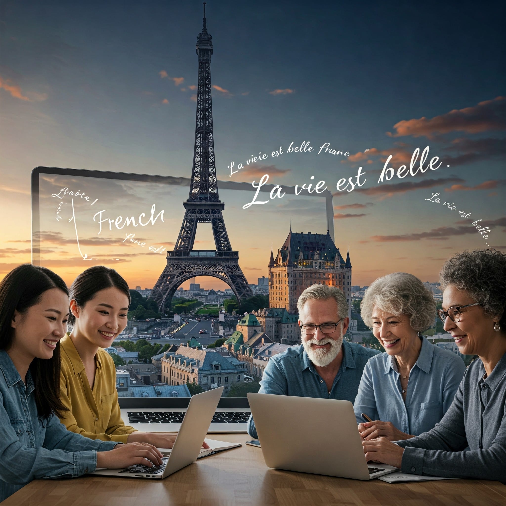 年齢の異なる 5 人がノートパソコンを使って一緒に座っており、背景にはエッフェル塔とフランス語のフレーズがデジタルで重ね合わされており、フランス語学習セッションの様子が伺えます。.