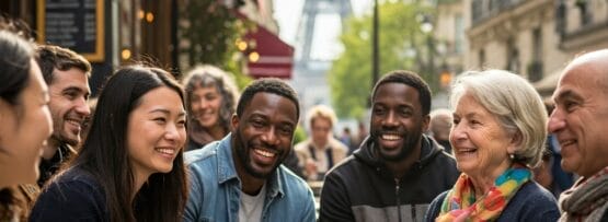 パリのカフェの屋外テーブルに、さまざまな人々が座って笑顔で会話を交わしており、背景にはエッフェル塔が見える。.