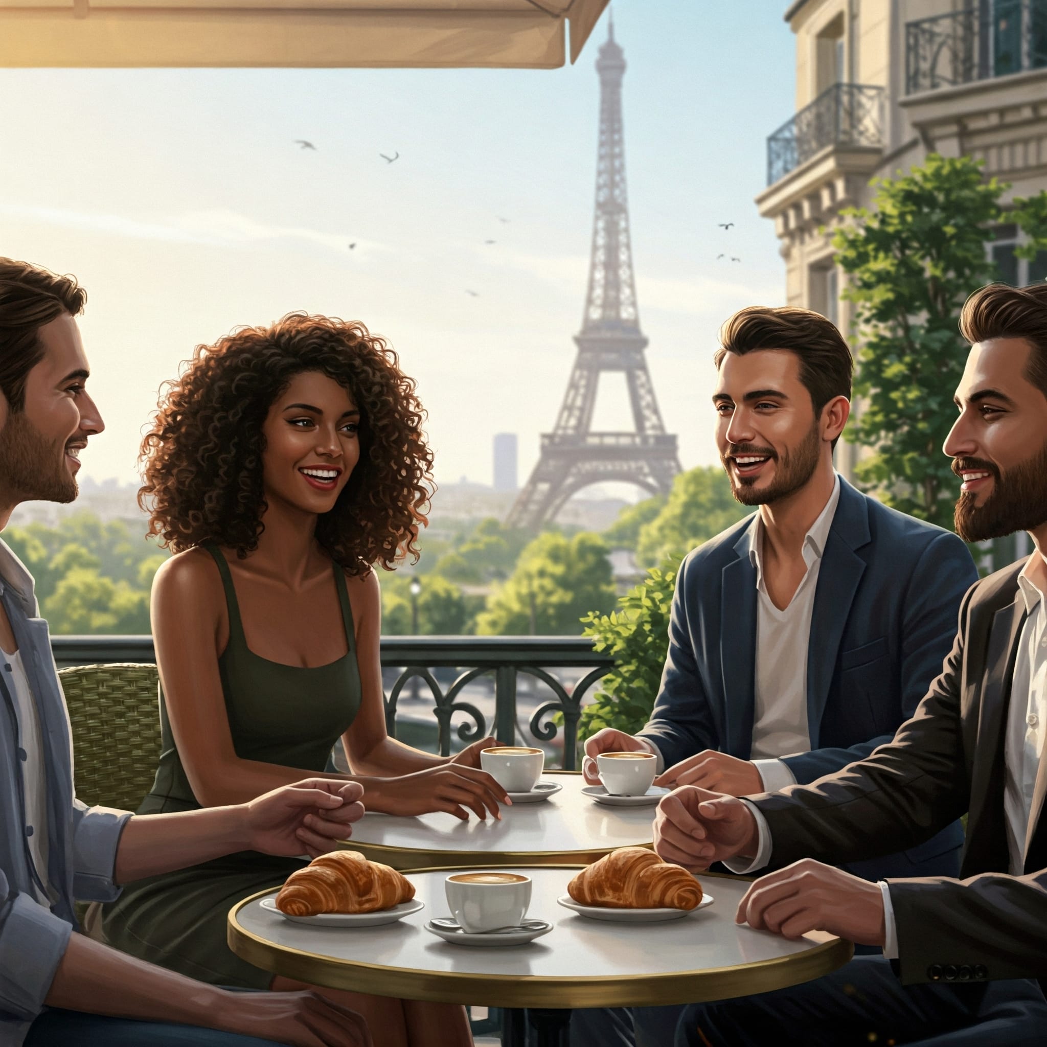 明るい日に、4人がカフェのテーブルにクロワッサンとコーヒーを飲みながら座り、笑顔で会話をしています。背景にはエッフェル塔が見えます。.