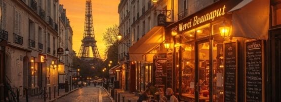 夕暮れ時の静かなパリの通り。背景にはエッフェル塔があり、光り輝くカフェの外で食事をする人々。.