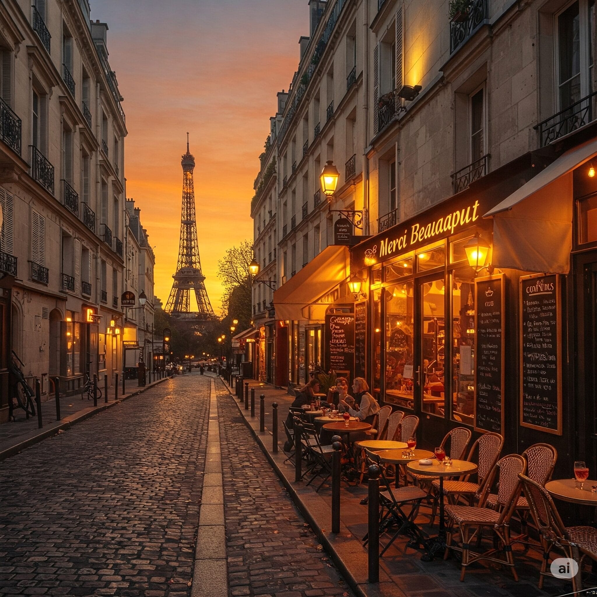 夕暮れ時の静かなパリの通り。背景にはエッフェル塔があり、光り輝くカフェの外で食事をする人々。.