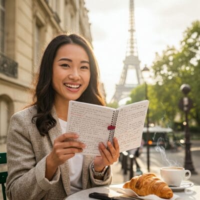 エッフェル塔近くの屋外カフェのテーブルに、ノートを広げながら笑顔の女性が座っている。テーブルの上にはコーヒーとクロワッサンが置かれている。.