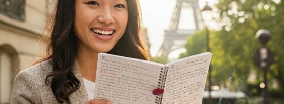 エッフェル塔近くの屋外カフェのテーブルに、ノートを広げながら笑顔の女性が座っている。テーブルの上にはコーヒーとクロワッサンが置かれている。.