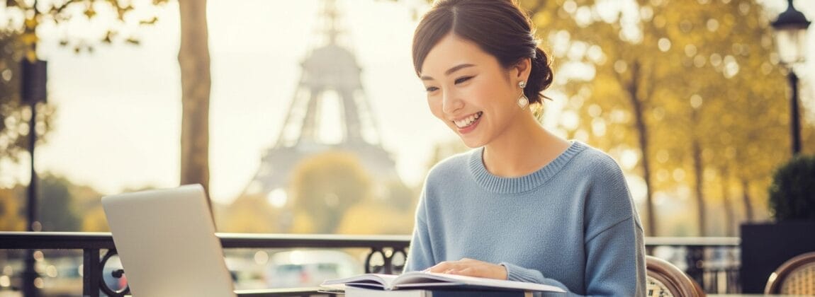 晴れた日に、女性が屋外のカフェのテーブルに本とノートパソコンを置いて座り、背景にエッフェル塔が見える。.