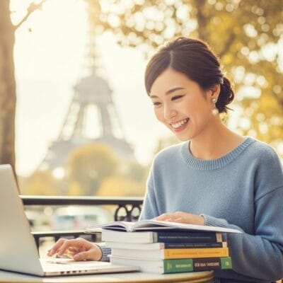 晴れた日に、女性が屋外のカフェのテーブルに本とノートパソコンを置いて座り、背景にエッフェル塔が見える。.