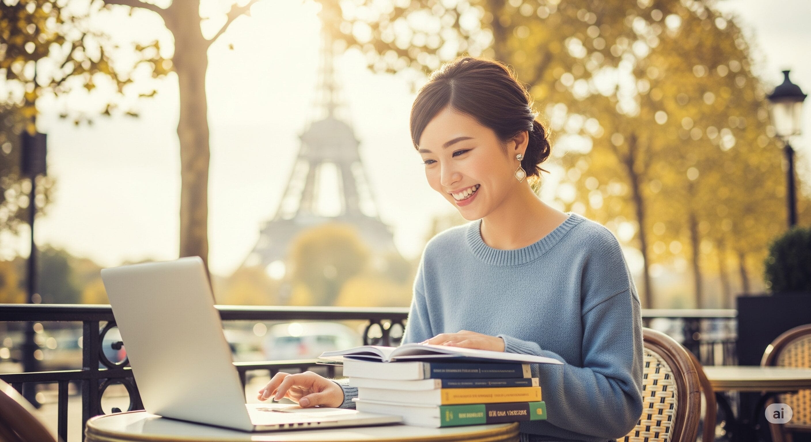 晴れた日に、女性が屋外のカフェのテーブルに本とノートパソコンを置いて座り、背景にエッフェル塔が見える。.