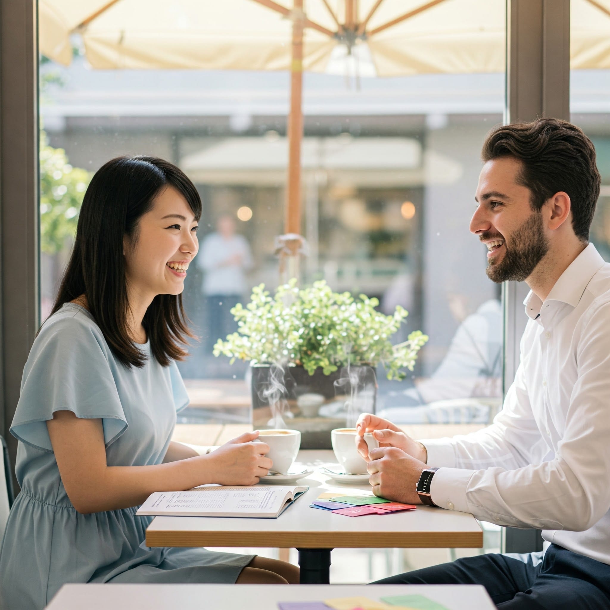 カフェのテーブルに向かい合って座り、コーヒーを飲みながら笑顔で会話する二人。テーブルの上にはノートとカラフルなカードが置かれ、背景には植物が置かれている。. カフェのテーブルに向かい合って座り、コーヒーを飲みながら笑顔で会話する二人。テーブルの上にはノートとカラフルなカードが置かれ、背景には植物が置かれている。.