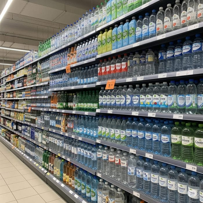 フランスのスーパーに並ぶ多種多様な水のボトル