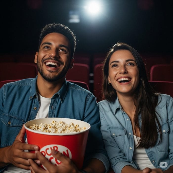 映画館で笑いながら映画を観るカップル