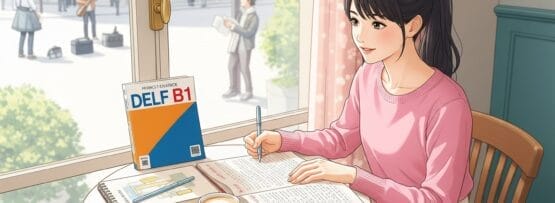 カフェの窓際のテーブルに女性が座り、本とノートを開いて勉強している。テーブルの上にはDELF B1試験対策の本とコーヒーが置いてある。人々が外を歩いている。.