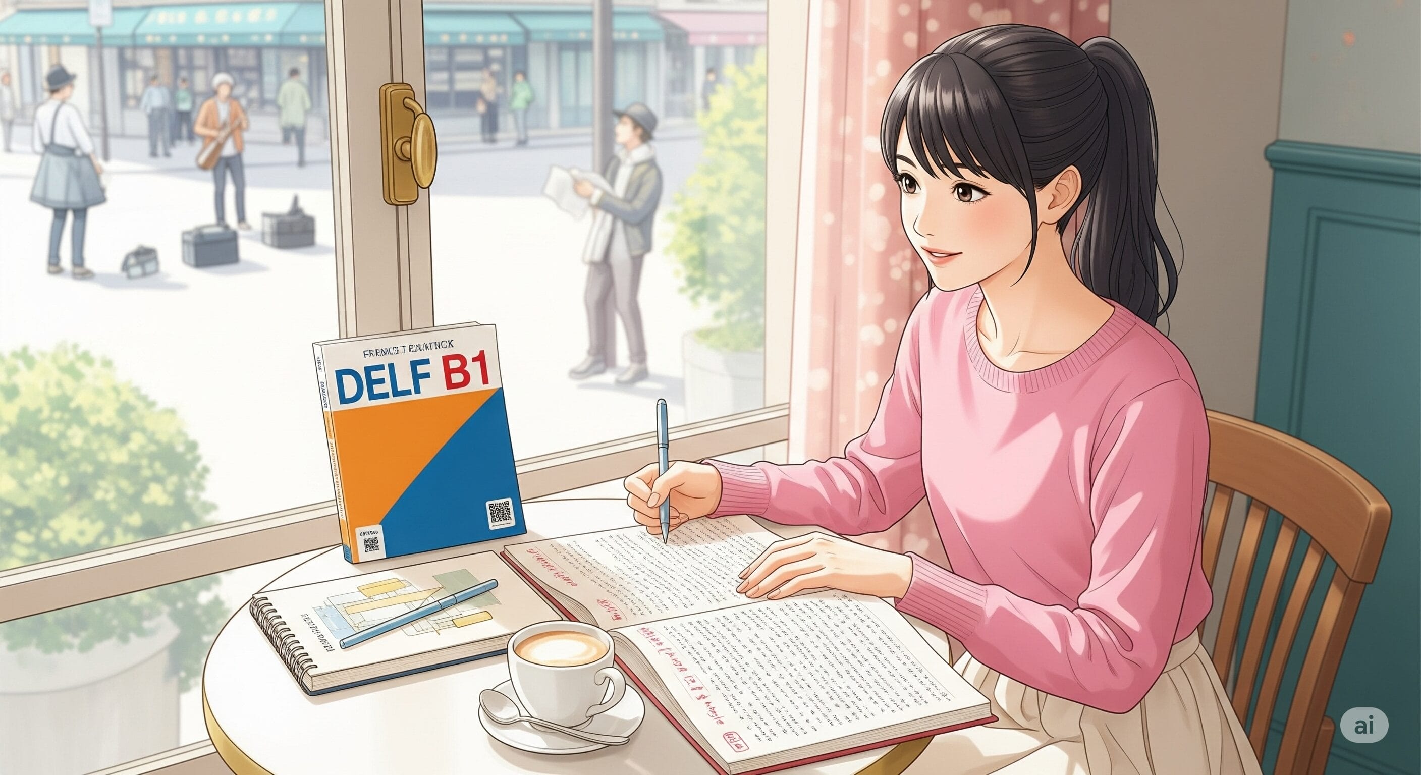 カフェの窓際のテーブルに女性が座り、本とノートを開いて勉強している。テーブルの上にはDELF B1試験対策の本とコーヒーが置いてある。人々が外を歩いている。. カフェの窓際のテーブルに女性が座り、本とノートを開いて勉強している。テーブルの上にはDELF B1試験対策の本とコーヒーが置いてある。人々が外を歩いている。.