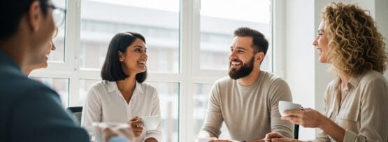 明るいオフィスで4人がテーブルを囲み、コーヒーカップを手に笑顔で話している。.