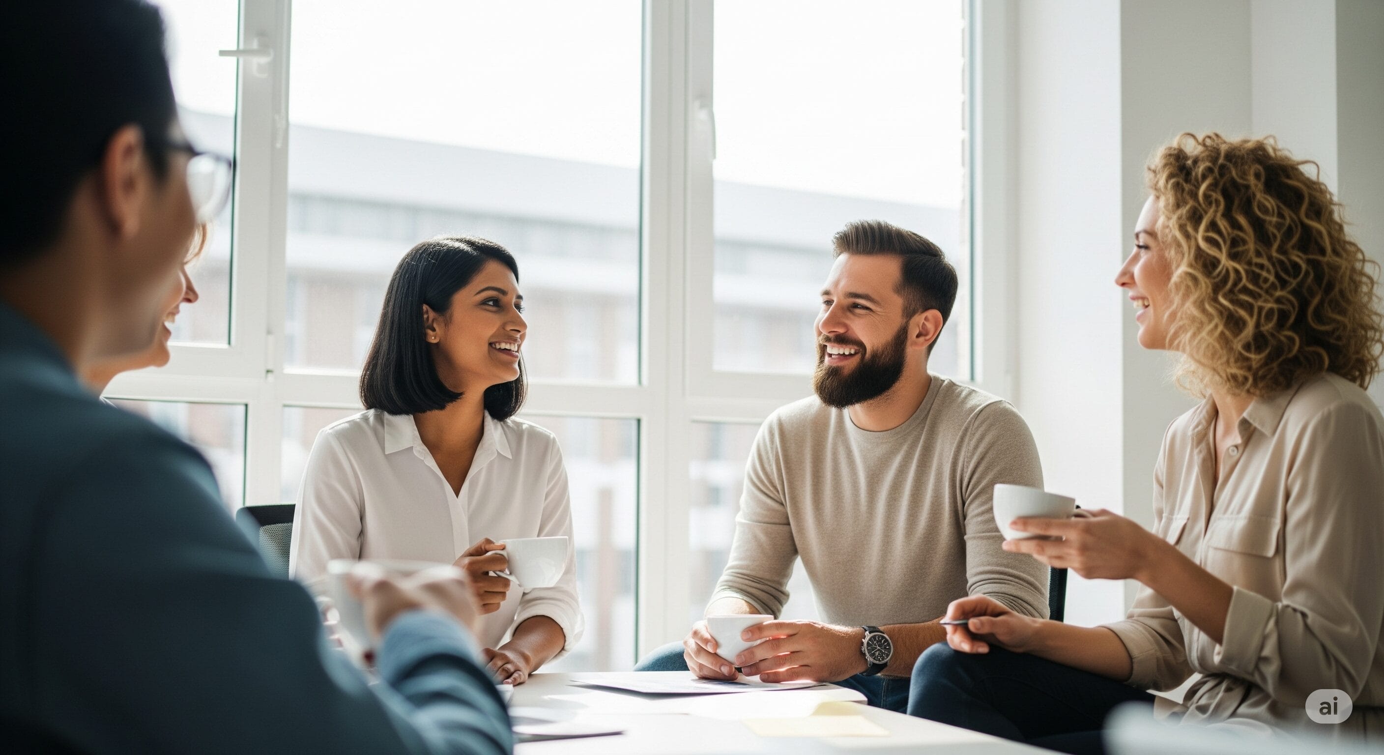 明るいオフィスで4人がテーブルを囲み、コーヒーカップを手に笑顔で話している。.