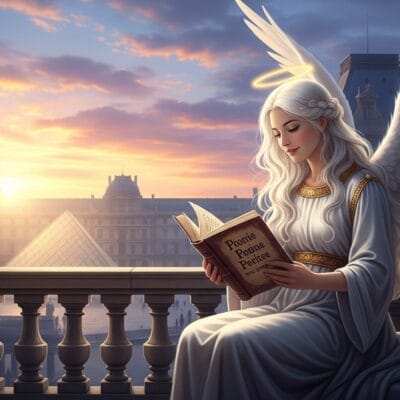 白い翼と光輪を持つ穏やかな天使が、夕暮れ時のバルコニーで本を読んでいます。背景には街並みと古典的な建築が広がっています。.