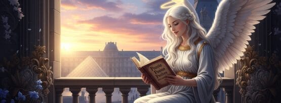 白い翼と光輪を持つ穏やかな天使が、夕暮れ時のバルコニーで本を読んでいます。背景には街並みと古典的な建築が広がっています。.