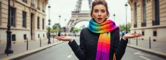レインボーのスカーフを巻いた女性が、エッフェル塔を背景にパリの街角に立ち、両手を上げて驚く仕草をしている。.