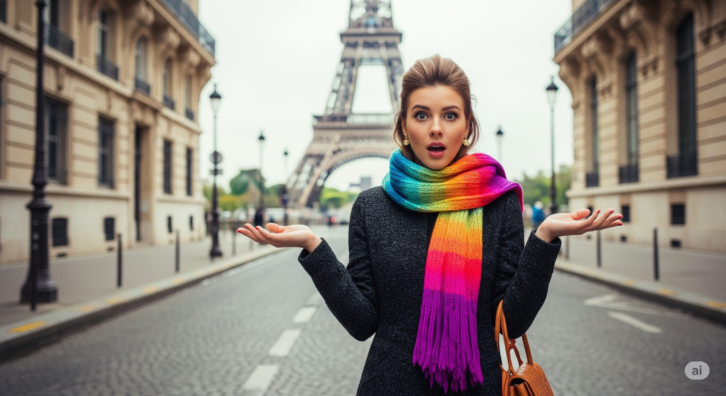 レインボーのスカーフを巻いた女性が、エッフェル塔を背景にパリの街角に立ち、両手を上げて驚く仕草をしている。.