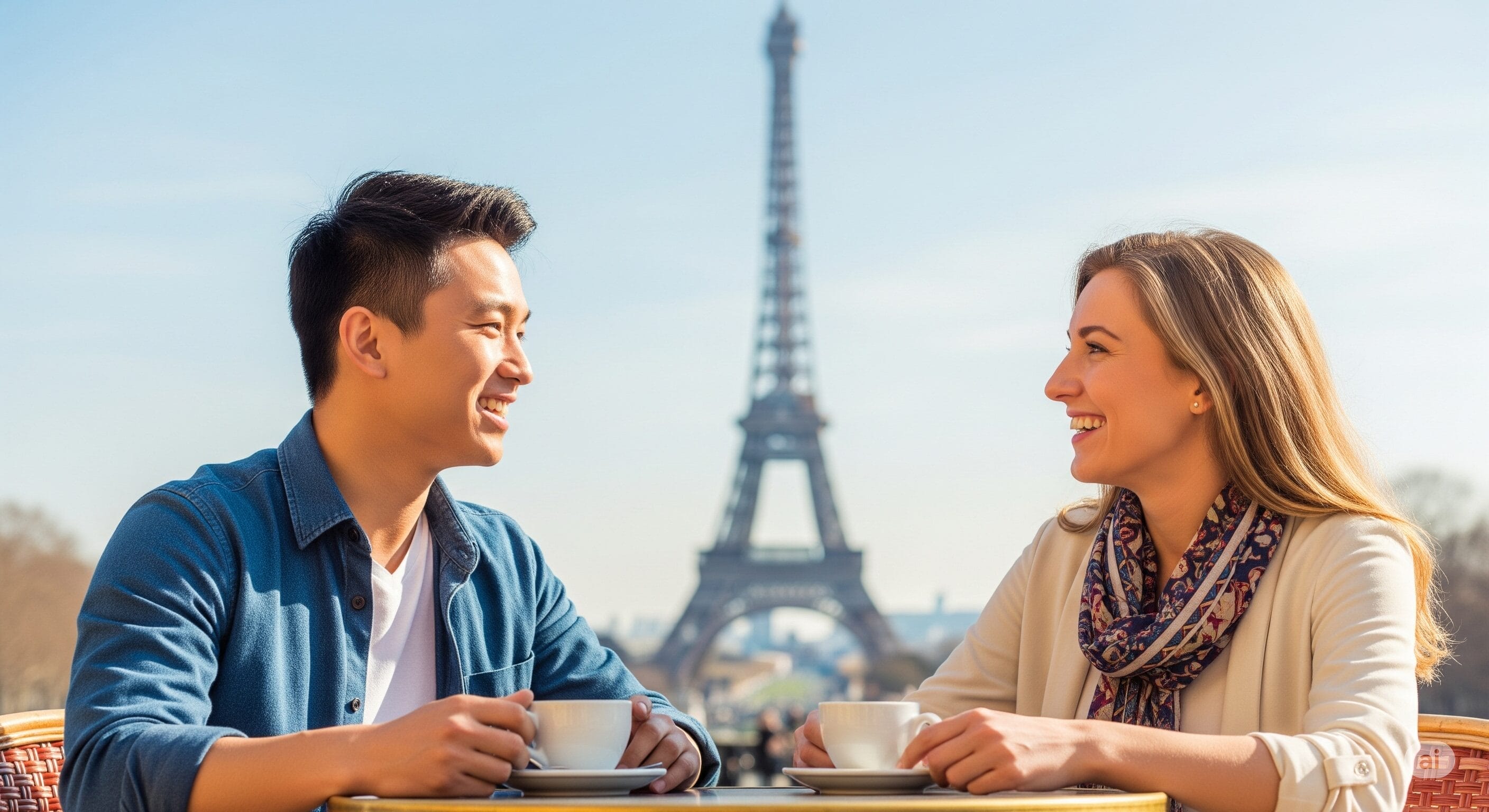 エッフェル塔を背景に、屋外のカフェのテーブルでコーヒーを飲みながら微笑み合う2人。.