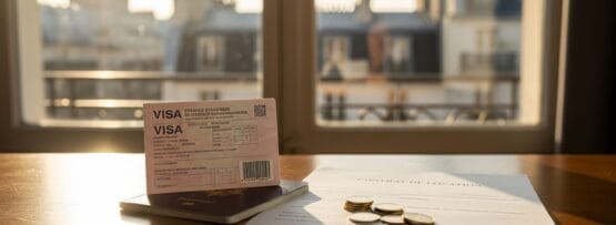 ビザ書類とパスポートがテーブルの上に置かれ、その隣には賃貸契約書とコインが置かれている。.