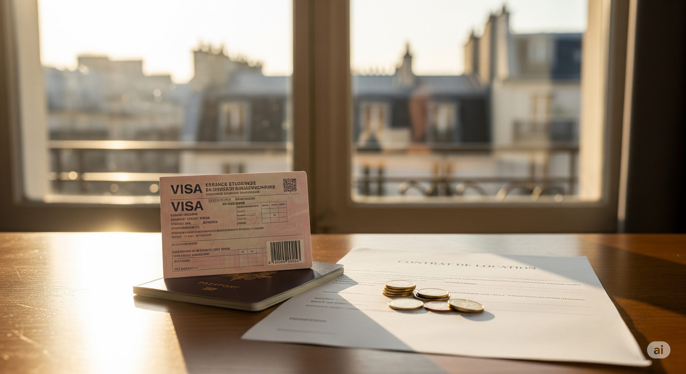 ビザ書類とパスポートがテーブルの上に置かれ、その隣には賃貸契約書とコインが置かれている。.