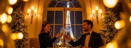 窓の外にはエッフェル塔がライトアップされ、金色のホリデー・イルミネーションとデコレーションに囲まれた華やかなディナーの席で、正装したカップルがグラスを傾ける。.