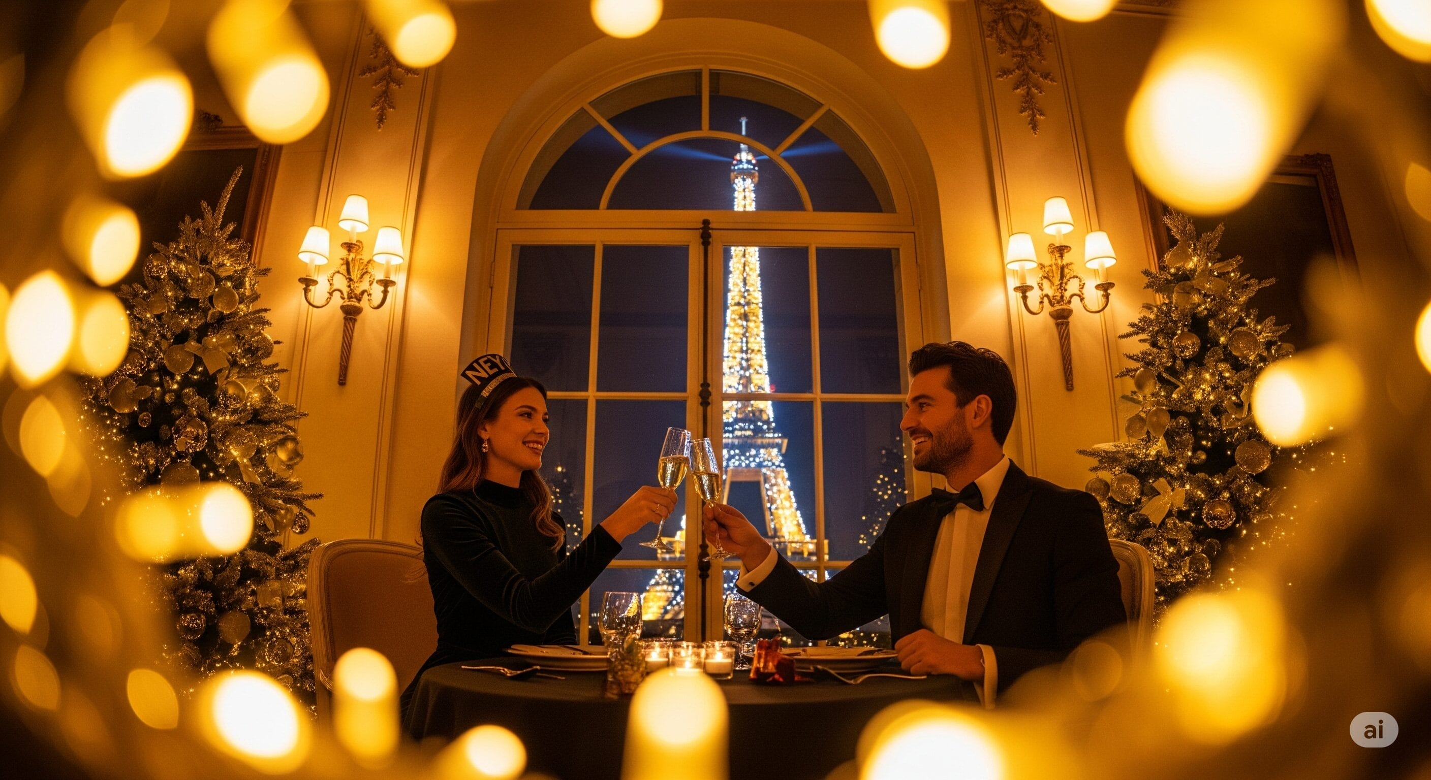 窓の外にはエッフェル塔がライトアップされ、金色のホリデー・イルミネーションとデコレーションに囲まれた華やかなディナーの席で、正装したカップルがグラスを傾ける。.