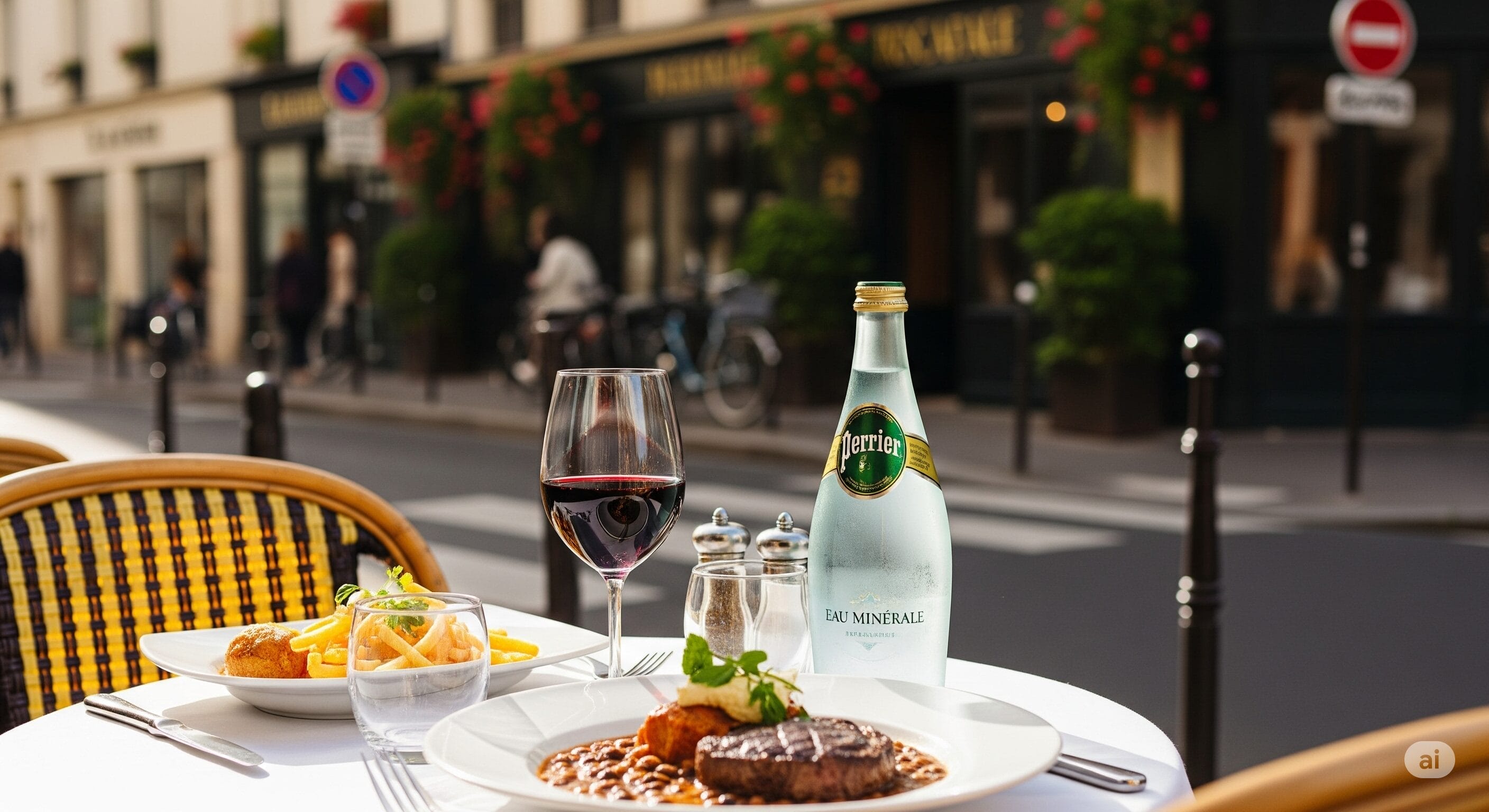 ステーキ、フライドポテト、赤ワイン、ペリエが置かれたレストランのテーブル。.