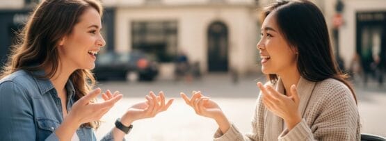 二人の女性が屋外のカフェのテーブルに座り、コーヒーとクロワッサンを食べながら、都会の晴れた日に活発に会話をしている。.