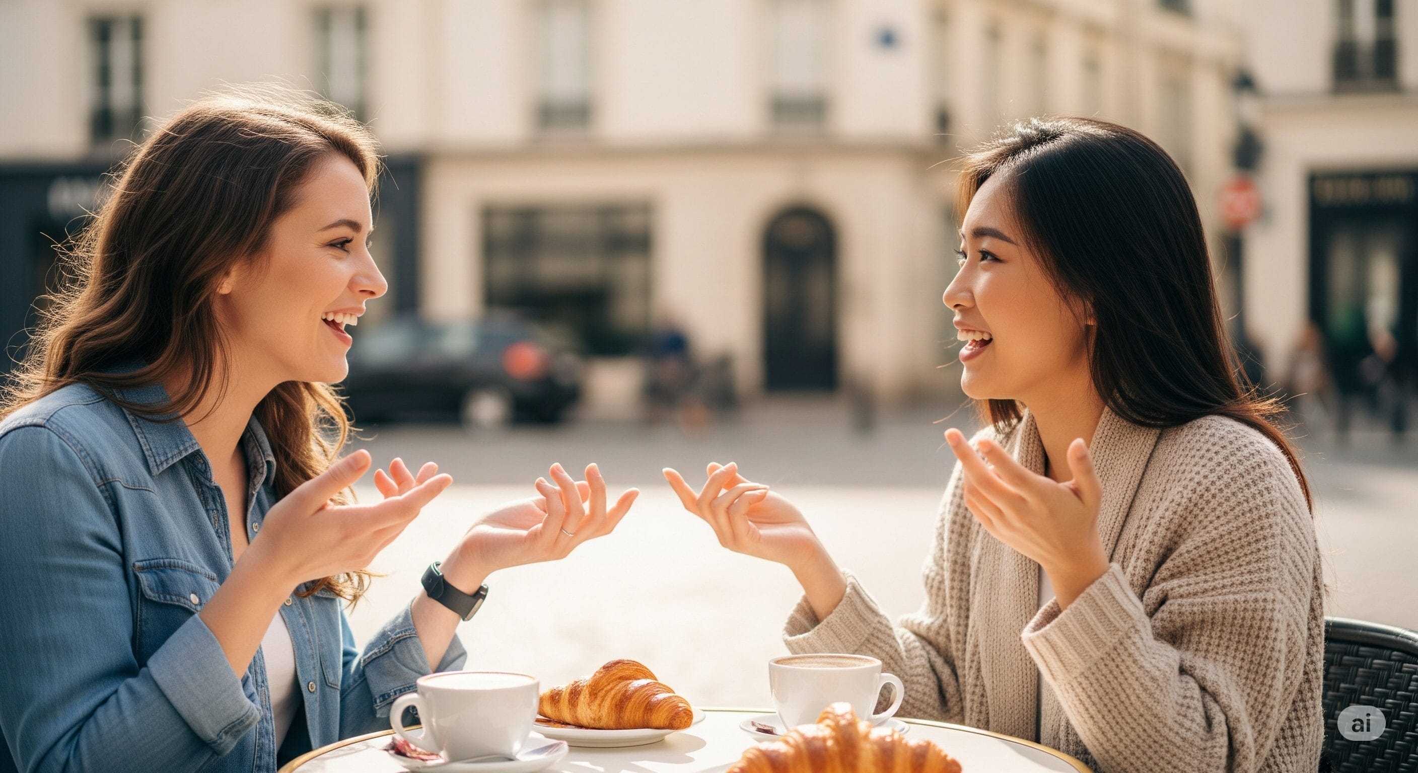 二人の女性が屋外のカフェのテーブルに座り、コーヒーとクロワッサンを食べながら、都会の晴れた日に活発に会話をしている。.