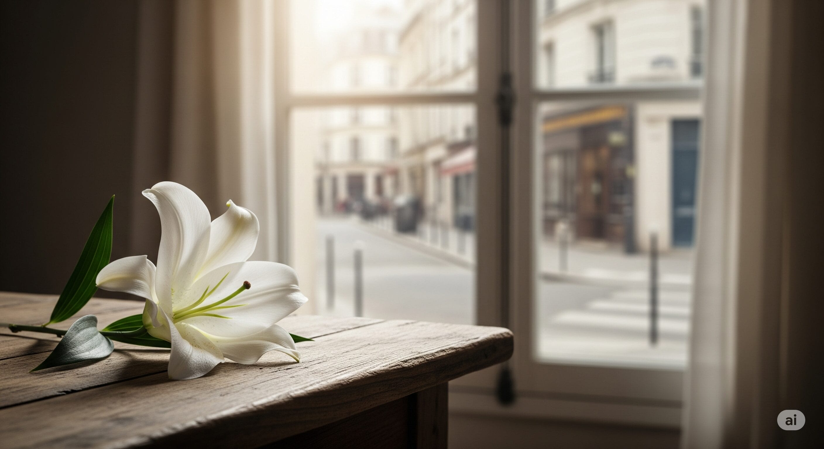 柔らかな日光の下でぼやけた街の通りの風景を見下ろす窓の近くの木製のテーブルの上に、一輪の白いユリが置かれています。. 柔らかな日光の下でぼやけた街の通りの風景を見下ろす窓の近くの木製のテーブルの上に、一輪の白いユリが置かれています。.