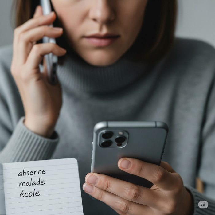 フランス語で書かれたメモを見ながら、真剣な表情でスマートフォンで電話をしている女性の手元。