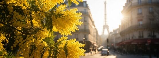 日の出のパリの通り、クラシックな建物、エッフェル塔を背景に、手前に黄色いミモザの花。.