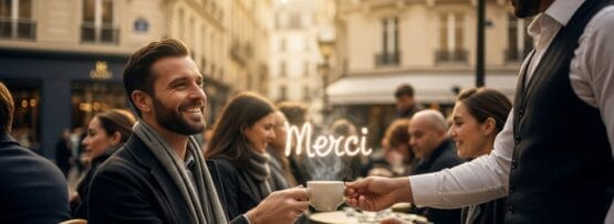 屋外のカフェのテーブルに座る男性が、笑顔のウェイターからコーヒーを受け取る。.