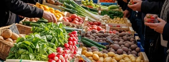 人々は屋外の市場で新鮮な野菜や果物を買い求め、イチゴや大根、ジャガイモなどが整然と並べられた露店から野菜を選ぶ。.