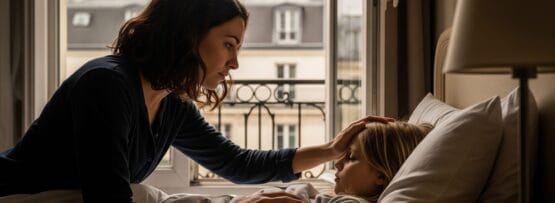 ベッドのそばに座り、子供の額に触れて熱を測っている女性。子供は大きな窓のある部屋で毛布の下に横たわっている。.